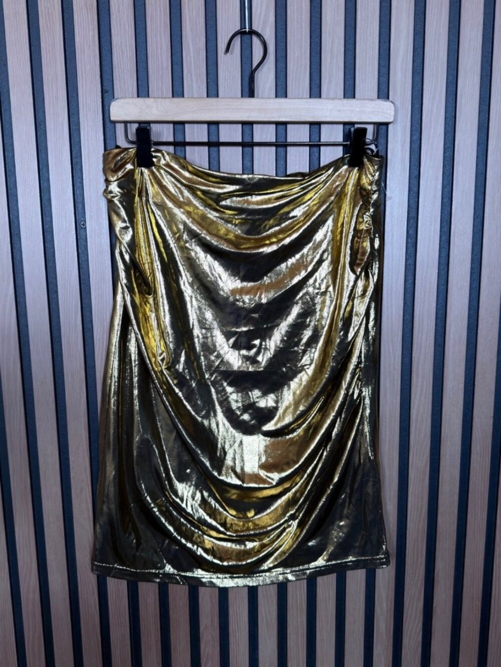 New Gracie Karin Skirt Large Womens Golden Ruched Knee Length Satin Lux Stretch
